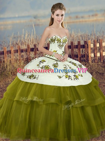 Olive Green Sleeveless Floor Length Embroidery and Bowknot Lace Up 15th Birthday Dress - Click Image to Close