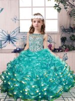 Sleeveless Floor Length Beading and Ruffles Lace Up Kids Formal Wear with Teal