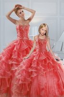 Coral Red Ball Gowns Organza Sweetheart Sleeveless Beading and Ruffled Layers Floor Length Lace Up Sweet 16 Dresses