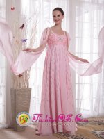 San Isidro Argentina Pink Straps Chiffon Empire Beading and Sequins Quinceanera Dama Dress With Watteau Train(SKU PDATS7781BIZ)