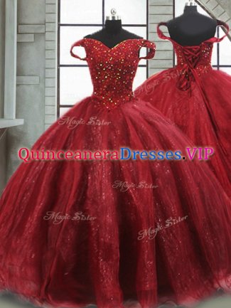 Exceptional Wine Red Lace Up Quinceanera Gowns Beading Sleeveless Brush Train