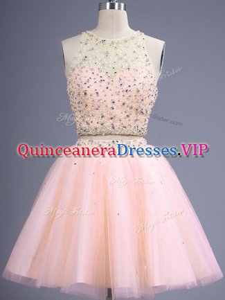 Knee Length Lace Up Damas Dress Peach for Prom and Party and Wedding Party with Beading