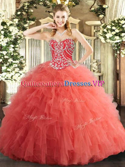 Floor Length Lace Up Quinceanera Dresses Watermelon Red for Military Ball and Sweet 16 and Quinceanera with Beading and Ruffles - Click Image to Close