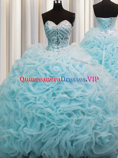 Hot Selling Rolling Flowers Brush Train Ball Gowns Sweet 16 Dresses Aqua Blue Sweetheart Organza Sleeveless Lace Up - Click Image to Close