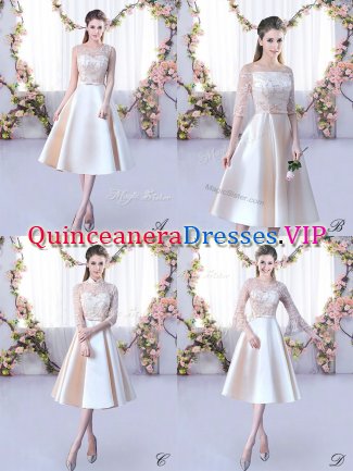 Extravagant Tea Length Lace Up Quinceanera Court Dresses Champagne for Wedding Party with Lace and Belt