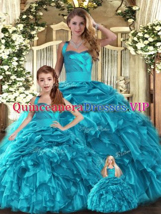 Teal Lace Up Sweet 16 Dress Ruffles and Pick Ups Sleeveless Floor Length