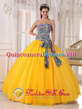 East Hampton NY Pretty Golden Yellow and Printing Quinceanera Dress For Strapless Bowknot Decorate Tulle Ball Gown