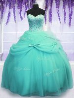 Fantastic Floor Length Lace Up 15 Quinceanera Dress Aqua Blue for Military Ball and Sweet 16 and Quinceanera with Beading and Sequins and Bowknot