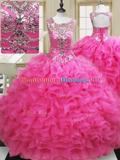 Scoop Sleeveless Lace Up Sweet 16 Dress Hot Pink Organza - Click Image to Close