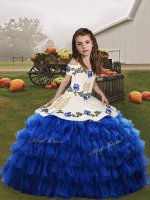 Pretty Blue Lace Up Straps Embroidery and Ruffled Layers Pageant Dress Toddler Organza Sleeveless