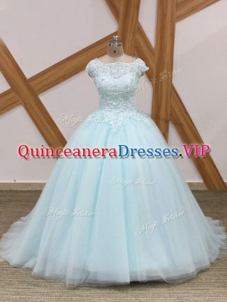 Deluxe Light Blue Zipper Quince Ball Gowns Beading and Lace Sleeveless Brush Train