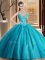 Floor Length Lace Up Sweet 16 Dresses Teal for Military Ball and Sweet 16 and Quinceanera with Beading and Lace and Appliques