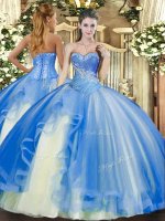 Custom Design Baby Blue Sleeveless Floor Length Beading and Ruffles Lace Up 15 Quinceanera Dress
