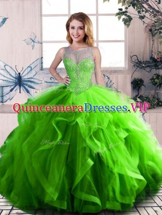 Green Lace Up Scoop Beading and Ruffles Quinceanera Gowns Tulle Sleeveless