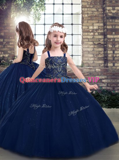 Navy Blue Lace Up Pageant Dress Toddler Beading Sleeveless Floor Length - Click Image to Close