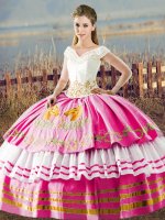 High End Floor Length Hot Pink Sweet 16 Dress Satin Sleeveless Embroidery and Ruffled Layers(SKU XBQD164-10BIZ)