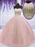Luxury Baby Pink Ball Gowns Sweetheart Sleeveless Tulle Floor Length Lace Up Beading Quinceanera Gowns