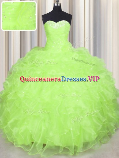 Most Popular Yellow Green Sleeveless Beading and Ruffles Floor Length Quince Ball Gowns - Click Image to Close