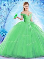 Designer Lace Up Quinceanera Dress Green for Military Ball and Sweet 16 and Quinceanera with Beading Brush Train