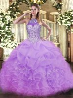Designer Sleeveless Floor Length Beading and Ruffles and Pick Ups Lace Up Quinceanera Dress with Lavender