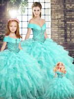 High End Aqua Blue Organza Lace Up 15 Quinceanera Dress Sleeveless Brush Train Beading and Ruffles