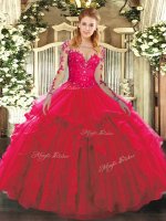 Long Sleeves Floor Length Lace and Ruffles Lace Up Sweet 16 Dress with Red(SKU SJQDDT1208002-2BIZ)