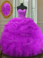 Fine Fuchsia Sweetheart Neckline Beading and Ruffles and Pick Ups Party Dress Sleeveless Lace Up
