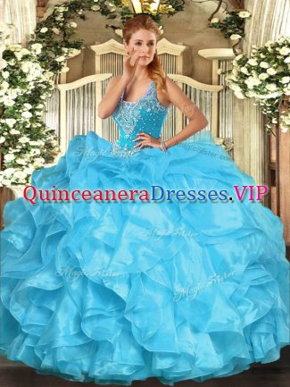 Fabulous Straps Sleeveless Lace Up Quinceanera Dress Aqua Blue Organza