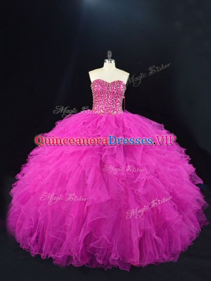 Fuchsia Lace Up Sweet 16 Dresses Beading and Ruffles Sleeveless Floor Length - Click Image to Close