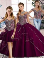Sweetheart Cap Sleeves Tulle 15 Quinceanera Dress Beading Brush Train Lace Up