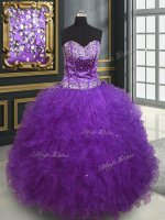 Tulle Sweetheart Sleeveless Lace Up Beading and Ruffles Sweet 16 Dress in Eggplant Purple