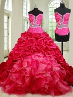See Through Coral Red Sweetheart Lace Up Beading and Ruffles and Pick Ups 15th Birthday Dress Chapel Train Sleeveless