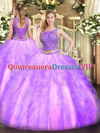 Lavender Sleeveless Tulle Lace Up 15 Quinceanera Dress for Military Ball and Sweet 16 and Quinceanera