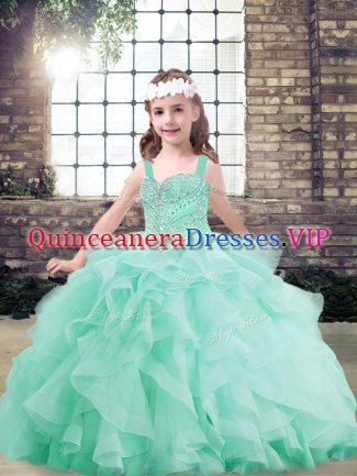 Tulle Straps Sleeveless Lace Up Beading and Ruffles Kids Formal Wear in Apple Green