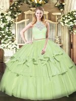 Elegant Olive Green Organza Zipper Sweet 16 Quinceanera Dress Sleeveless Floor Length Lace and Ruffled Layers