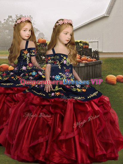 Wine Red Straps Neckline Embroidery and Ruffles Little Girls Pageant Dress Sleeveless Lace Up - Click Image to Close