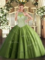 Floor Length Olive Green Vestidos de Quinceanera Halter Top Sleeveless Lace Up(SKU SJQDDT1051002-1BIZ)