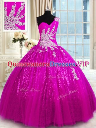 Nice One Shoulder Lace Fuchsia Sleeveless Appliques Floor Length Quinceanera Gown