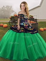 New Style Turquoise Ball Gown Prom Dress Military Ball and Sweet 16 and Quinceanera with Embroidery Off The Shoulder Sleeveless Lace Up