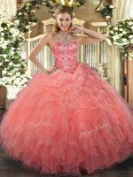 Halter Top Sleeveless Quince Ball Gowns Floor Length Beading and Embroidery Watermelon Red Organza