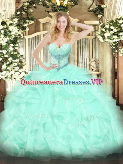Excellent Sleeveless Organza Floor Length Lace Up Sweet 16 Dress in Apple Green with Beading and Ruffles - Click Image to Close