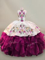Ball Gowns Vestidos de Quinceanera Fuchsia Halter Top Organza Sleeveless Floor Length Lace Up