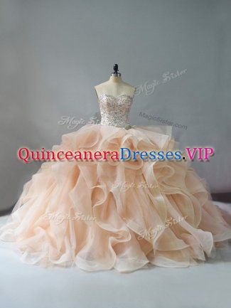 Sleeveless Organza Brush Train Lace Up Ball Gown Prom Dress in Champagne and Pink And White with Beading and Ruffles