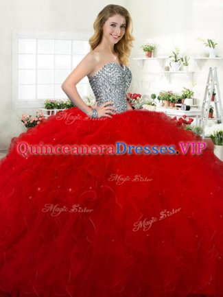 Red Sweetheart Lace Up Beading and Ruffles Quince Ball Gowns Sleeveless