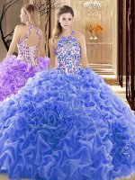 Great Backless High-neck Sleeveless Sweet 16 Dresses Court Train Embroidery and Ruffles Blue Organza