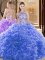 Great Backless High-neck Sleeveless Sweet 16 Dresses Court Train Embroidery and Ruffles Blue Organza