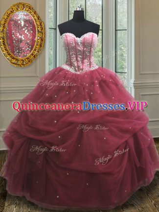 Sequins and Pick Ups Sweet 16 Dresses Burgundy Lace Up Sleeveless Floor Length