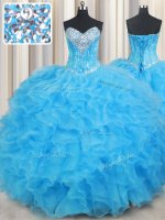 Admirable Baby Blue Sleeveless Floor Length Beading and Ruffled Layers Lace Up Quinceanera Dresses