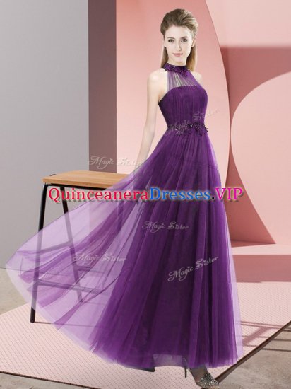 Sumptuous Dark Purple Empire Halter Top Sleeveless Tulle Floor Length Lace Up Beading and Appliques Damas Dress - Click Image to Close