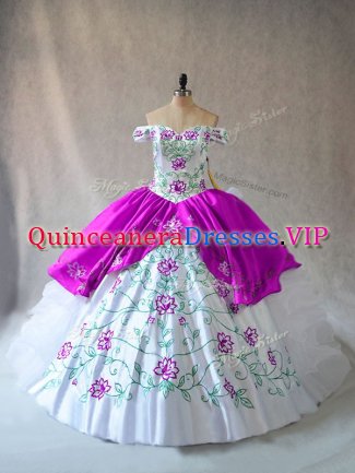 Comfortable White And Purple Sleeveless Floor Length Embroidery and Ruffles Lace Up Ball Gown Prom Dress
